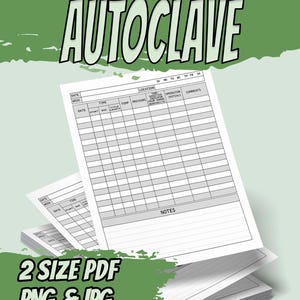 Può includere: Una pila di fogli di registro Autoclave bianchi su sfondo verde. La parola "AUTOCLAVE" è in grandi lettere verdi in grassetto in alto. I fogli hanno sezioni per data, ora, temperatura e commenti. Il testo in basso recita "2 SIZE PDF PNG & JPG".