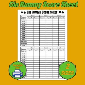 May include: A printable Gin Rummy score sheet with the title "Gin Rummy Score Sheet" at the top. The sheet includes spaces to record scores for three games, with boxes for each round and player. The image also includes a "Printable PDF" icon and a "2 Sizes" badge.