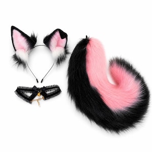 Set gatto nero e rosa - Orecchie, coda e collana girocollo, orecchie da animale per cosplay, convention e regalo di Halloween, accessorio Kemonomimi, festa di Halloween
