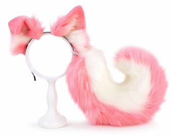Pink Puppy Ears and Tail Set, Kemonomimi Cosplay Prop, Anime Dog Cosplay Prop, Faux Fur Husky Costume, Kawaii Costume