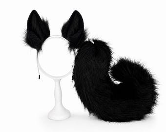 Dog ears and tail set, Black puppy ears, Realistic ears, Kemonomimi Animal Ears, Therian tail, Pet Play Gear, Party Photo Prop