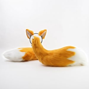 Oreilles de renard roux et double queue, accessoire de costume en fausse fourrure articulée avec armature métallique, serre-tête réaliste pour cosplay animal et double queue remuante