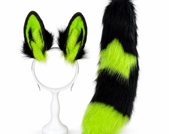 Conjunto de orejas y cola de animal verde neón, orejas de piel sintética, cola de Therian, accesorio para cosplay, accesorio Kemonomimi, atuendo Therian, conjunto de animales para Halloween