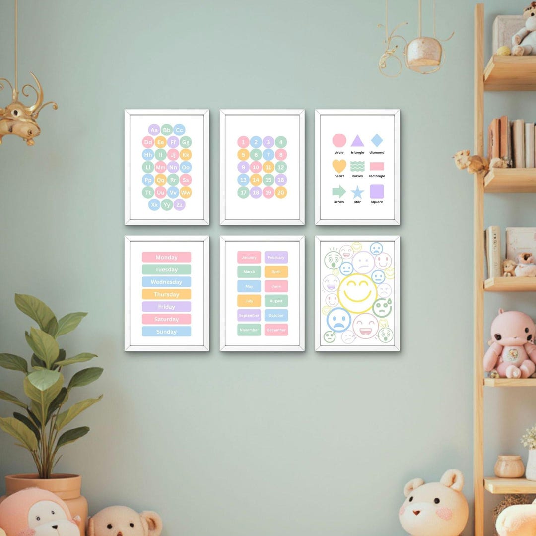 Set of 6 Nursery Posters, Digital Download, Pastel ABC 123 Wall Decor ...
