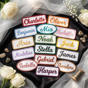 Parche personalizado termoadhesivo con nombre, etiqueta personalizada para mochila, etiqueta escolar infantil, parche bordado rectangular ovalado con nombre para ropa.