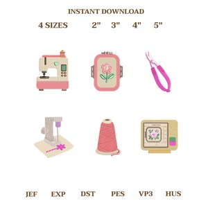 Mini Floral Sewing Tools Embroidery Bundle, Seamstress Tailor Machine Embroidery File, Sewing Machine Hoop Thread Set, Instant Download