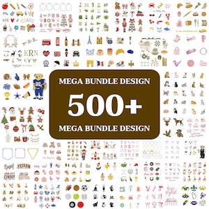 May include: A digital graphic collection featuring over 500 colorful icons and illustrations arranged in a grid, with a central brown rectangular box displaying the white text MEGA BUNDLE DESIGN 500+ MEGA BUNDLE DESIGN.