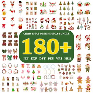 Può includere: Una collezione digitale di ricami a tema natalizio con Babbo Natale, renne, orsacchiotti, schiaccianoci, fiocchi e ghirlande. Il grafico centrale verde mostra il testo CHRISTMAS DESIGN MEGA BUNDLE 180+ JEF EXP DST PES VP3 HUS.