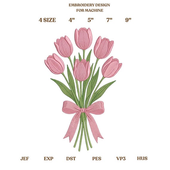 Pink Tulip Flower Embroidery Design, Spring Floral Machine Embroidery File, Bouquet with Ribbon Embroidery Pattern
