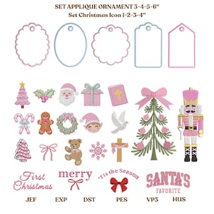May include: A collection of Christmas-themed applique ornaments and icons. Includes pink and green Christmas trees, Santa Claus, a nutcracker, gift boxes, and various tag shapes. Text includes "SET APPLIQUE ORNAMENT" and "SANTA'S FAVORITE".