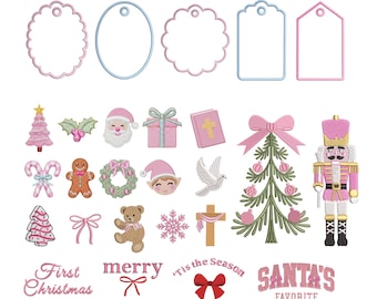 Ovale In-the-Hoop-Applikation Rosa Ornament Set, Weihnachtsapplikation Tag Stickerei, Set von 22 Rosa Weihnachtssymbol Stickstickerei