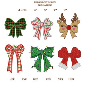 May include: An embroidery design for machine use featuring six festive bow designs. The bows include plaid, striped, and glittery options, with sizes ranging from 10.16 to 22.86 cm. The designs are labeled with file formats.