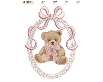 Coquette Teddy Bear Pink Bow Embroidery Designs, Cute Bears with Bow Embroidery Design, Holiday Bear Embroidery Pattern, 4 Sizes