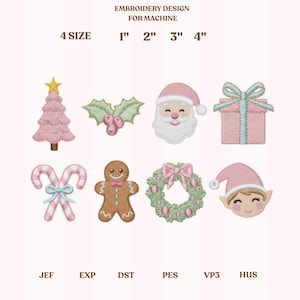 Puede incluir: Diseño de bordado a máquina con ocho motivos navideños. Incluye un árbol de Navidad rosa, acebo, Papá Noel, un regalo, bastones de caramelo, un hombre de jengibre, una corona y un elfo. Tamaños de 2.5 a 10 cm.