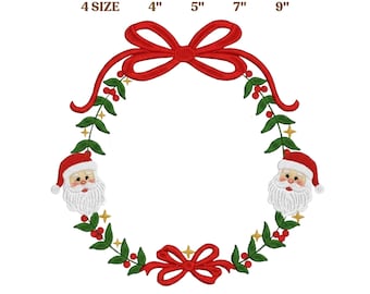 May include: An embroidery design for machine use, featuring a Christmas wreath with Santa Claus faces, red bows, and green leaves. The design is available in 4", 5", 7", and 9" sizes. The text "EMBROIDERY DESIGN FOR MACHINE" is at the top.