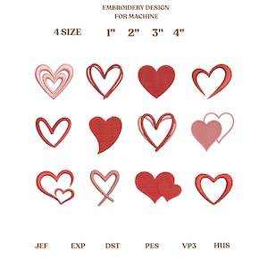 Puede incluir: Un diseño de bordado para máquina con formas de corazón rojas en varios estilos. El diseño incluye corazones con contornos, rellenos y superpuestos, disponibles en tamaños de 2.5 cm, 5 cm, 7.6 cm y 10 cm. El texto "EMBROIDERY DESIGN FOR MACHINE" está en la parte superior.