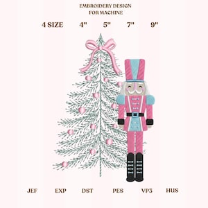 May include: An embroidery design for machine featuring a Christmas tree with pink ornaments and a pink bow, and a pink and blue nutcracker soldier. The design is available in 4 sizes: 4", 5", 7", and 9".