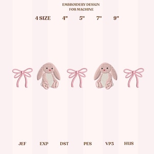 Könnte beinhalten: Ein Stickdesign für die Maschine, mit einem rosa Hasen und Schleifen. Das Design ist in 4 Größen erhältlich: 10 cm, 13 cm, 18 cm und 23 cm. Das Bild zeigt auch die Dateitypen: JEF, EXP, DST, PES, VP3 und HUS.