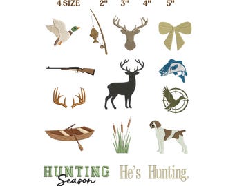Set Mini Jagd Icons Stickmuster, Jagd Angeln Hirsch Designs für Maschinenstickerei, Mini Jagdstichmuster
