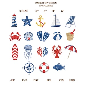Puede incluir: Una colección de diseños de bordado a máquina con temática náutica. Los diseños incluyen un faro, una estrella de mar, un ancla, un velero, una silla de playa, un cangrejo, una concha, aletas, una pelota de playa, un cubo de arena, una tabla de surf, una medusa, coral, una langosta, un paraguas, una brújula, un salvavidas y un pez.