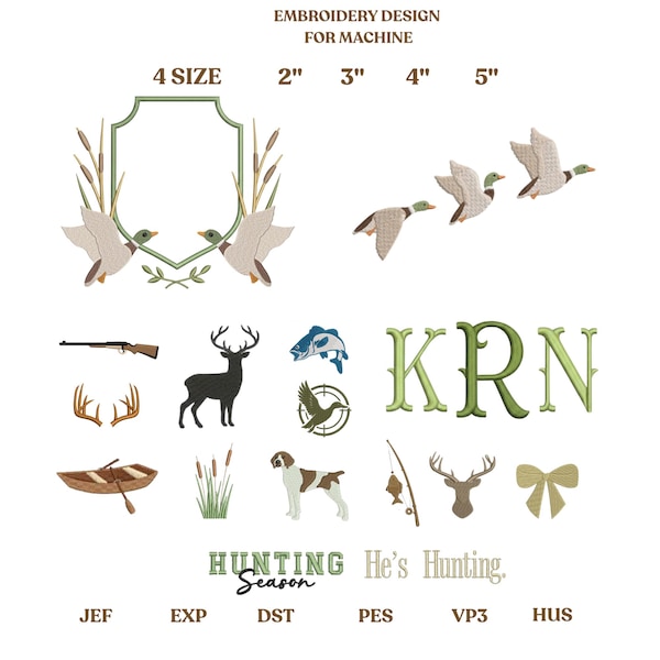 Set Mini Hunting Icons Embroidery Designs Bundle, Fishtail BX Font, Mallard Duck Embroidery Design, Hunting Fishing Deer Designs Embroidery