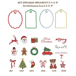 May include: A selection of Christmas applique ornaments and icons. The image shows various tag shapes, a reindeer, Santa Claus, gifts, and festive text such as "First Christmas" and "merry". The colour scheme includes red, green, and gold.
