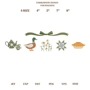 May include: An embroidery design for machine use, featuring a teapot, duck, daisies, a star, and a pie. The design sizes are 4", 5", 7", and 9". The text at the top reads "EMBROIDERY DESIGN FOR MACHINE".