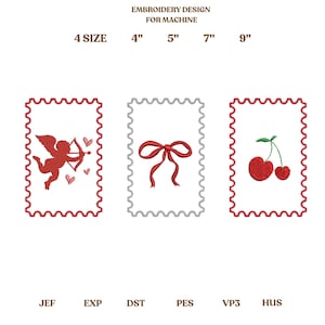 May include: Embroidery designs for machine use, featuring a red Cupid with a bow and arrow, a red bow, and a pair of cherries. The designs are in stamp-like frames with sizes ranging from 4" to 9".