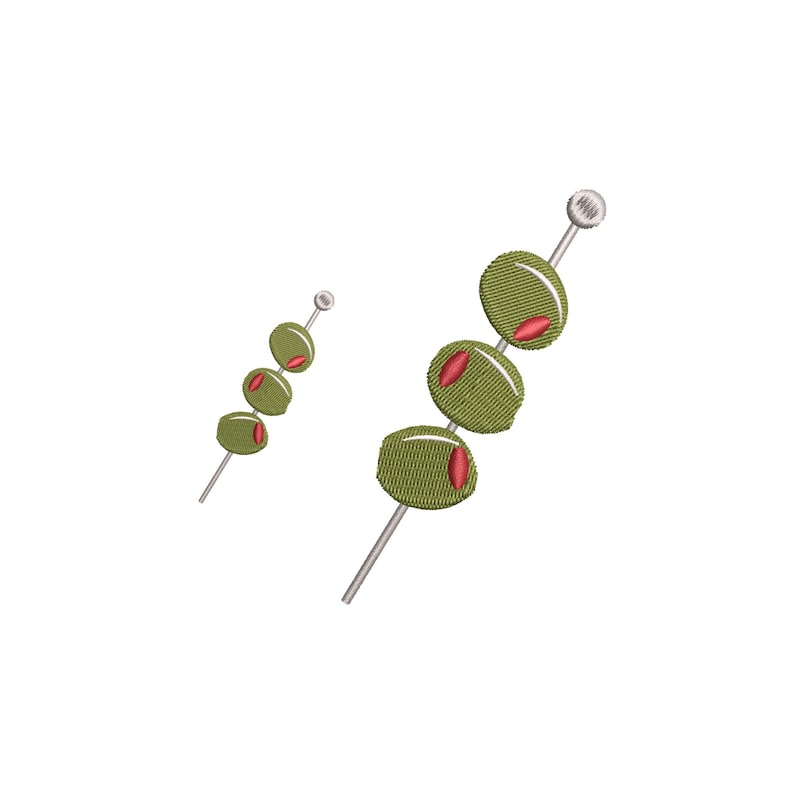 May include: Embroidered design of green olives with red pimentos on a silver skewer. The olives are oval-shaped and have a textured appearance. The design is set against a white background.