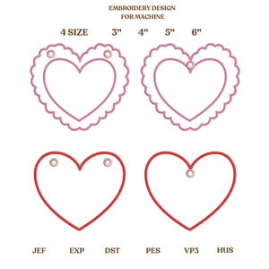 Puede incluir: Un diseño de bordado para máquina, con formas de corazón de varios tamaños. El diseño incluye contornos de corazón festoneados y lisos, con tamaños que van de 7,6 a 15,2 cm. La imagen también muestra formatos de archivo: JEF, EXP, DST, PES, VP3 y HUS.