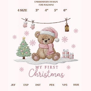 Babys erstes Weihnachten Stickdatei, süße Teddybär Stickdatei, Coquette Bär, Merry Christmas Bögen, Feiertags Bär