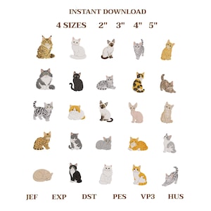 Op de afbeelding: Een digitale borduurontwerpcollectie met vierentwintig verschillende kattenillustraties in diverse rassen en kleuren. De tekst INSTANT DOWNLOAD, 4 SIZES 2" 3" 4" 5" en de bestandsformaten JEF, EXP, DST, PES, VP3, HUS zijn duidelijk zichtbaar.