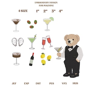 Cocktail Hour 13 Pack Machine Embroidery Files, Holiday Bear Embroidery, Tiny Embroidery Designs  - Oysters, Martini Time, Champagne, Olivie