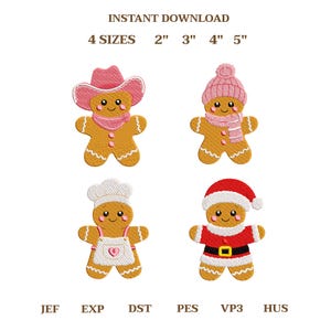May include: Four gingerbread person machine embroidery designs in 2, 3, 4, and 5 inch sizes. The characters wear a pink cowboy hat and scarf, a pink knit hat and scarf, a white chef hat and apron, or a red Santa hat and suit with a black belt.