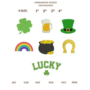 Pode incluir: Design de bordado com símbolos do Dia de São Patrício: um trevo verde, um caneco de cerveja, um chapéu verde de duende, um arco-íris, um pote de ouro e uma ferradura dourada. A palavra "LUCKY" também está presente. Tamanhos de 2.5 cm a 10 cm.