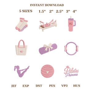 Op de afbeelding: Digitale borduurontwerpset met negen roze en witte iconen: sokken, reformer, beker, draagtas, yogamat, pilatesring, sportende persoon, oefenbal en de tekst Pilates Princess. Beschikbaar in 5 formaten: 3,8 cm tot 10,2 cm.