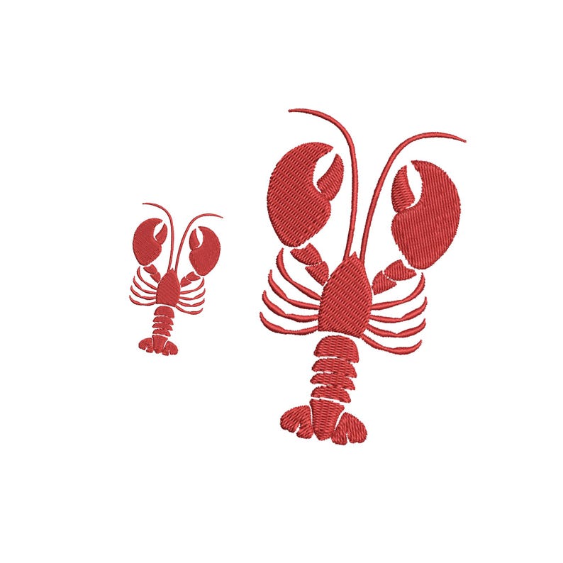 May include: Two red embroidered lobster designs on a white background. One lobster is larger than the other. The lobsters have detailed claws, antennae, and segmented bodies. The embroidery is dense and textured.