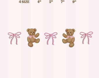Coquette Teddy Bear Pink Bow Embroidery Designs, Cute Bears with Bow Embroidery Design, Holiday Bear Embroidery Pattern, 4 Sizes