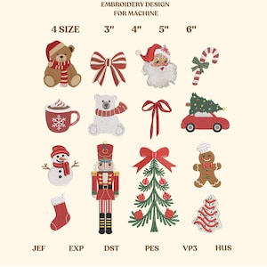 May include: An embroidery design sheet featuring various Christmas-themed images, including a teddy bear, Santa Claus, a snowman, and a gingerbread man. The designs are available in 4 sizes: 3", 4", 5", and 6". The text "EMBROIDERY DESIGN FOR MACHINE" is at the top.