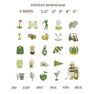 Può includere: Una collezione di venticinque ricami a macchina a tema golf, con icone come una sacca, mazze, un trofeo, un carrello e un orso. Il testo include INSTANT DOWNLOAD, 5 SIZES 3,8 cm 5,1 cm 7,6 cm 10,2 cm 12,7 cm, 19TH, PAR TEE TIME e JEF EXP DST PES VP3 HUS.