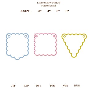 May include: An embroidery design for machine use, featuring three different shapes: a blue square, a pink square, and a yellow triangle. The design is available in 4 sizes, ranging from 3 to 6 inches. The image also lists various file formats.