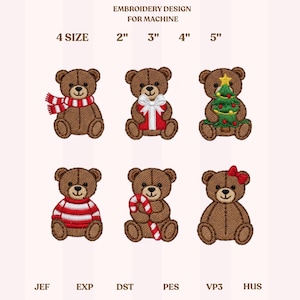 Weihnachts-Teddybär-Stickerei-Design, Set Mini 6 süße Bären mit Geschenken, Weihnachtsbär-Stickmuster, 4 Größen