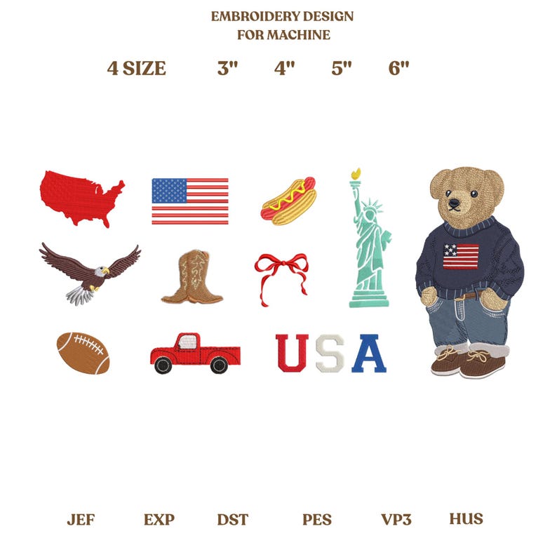 K&ouml;nnte beinhalten: Stickmuster mit amerikanischen Symbolen: USA-Karte, amerikanische Flagge, Hotdog, Freiheitsstatue, Adler, Cowboy-Stiefel, Schleife, Football, roter Truck und Teddyb&auml;r. Verf&uuml;gbare Gr&ouml;&szlig;en.