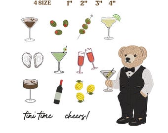 Cocktail Hour 13 Pack Machine Embroidery Files, Holiday Bear Embroidery, Tiny Embroidery Designs  - Oysters, Martini Time, Champagne, Olivie