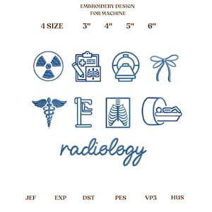 May include: An embroidery design for a machine, featuring blue medical icons, such as a radiation symbol, an X-ray, and a CT scanner. The word "radiology" is written in cursive. Sizes range from 7.6 cm to 15.2 cm.