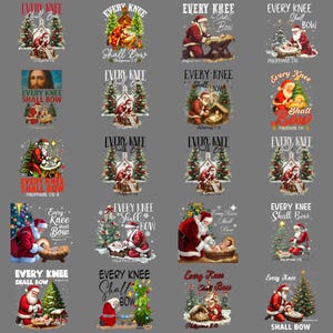 May include: A collection of Christmas-themed graphic designs featuring Santa Claus, Christmas trees, and the text "Every Knee Shall Bow" from Philippians 2:10. Designs include Santa with baby Jesus and nativity scenes.