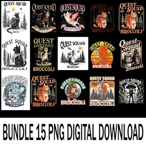 Könnte beinhalten: Eine Sammlung von 15 digitalen PNG-Downloads mit verschiedenen Designs zum Thema Katze. Jedes Design enthält den Text "QUEST SQUAD" und "BROCCOLI" mit Illustrationen von Katzen in abenteuerlichen Umgebungen, darunter Fantasy- und Naturthemen.