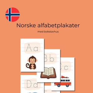 May include: Educational alphabet posters in Norwegian. Each poster features a letter with a corresponding illustration, including a monkey, book, bus, dolphin, apple, and frog. The posters have dotted lines for tracing the letters.