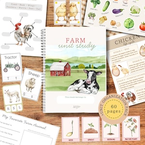 May include: A spiral-bound "Farm Unit Study" book with a watercolor illustration of a cow and a red barn. Includes flashcards of farm animals, a chicken life cycle chart, and vegetable illustrations. A 60-page unit organization pack.