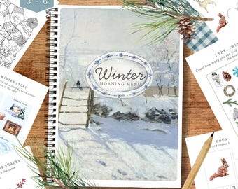 May include: A spiral-bound activity book with a winter landscape painting on the cover, labeled "Winter Morning Menu." Additional activity sheets include tracing, counting, and coloring exercises. The book is designed for children ages 3-6.